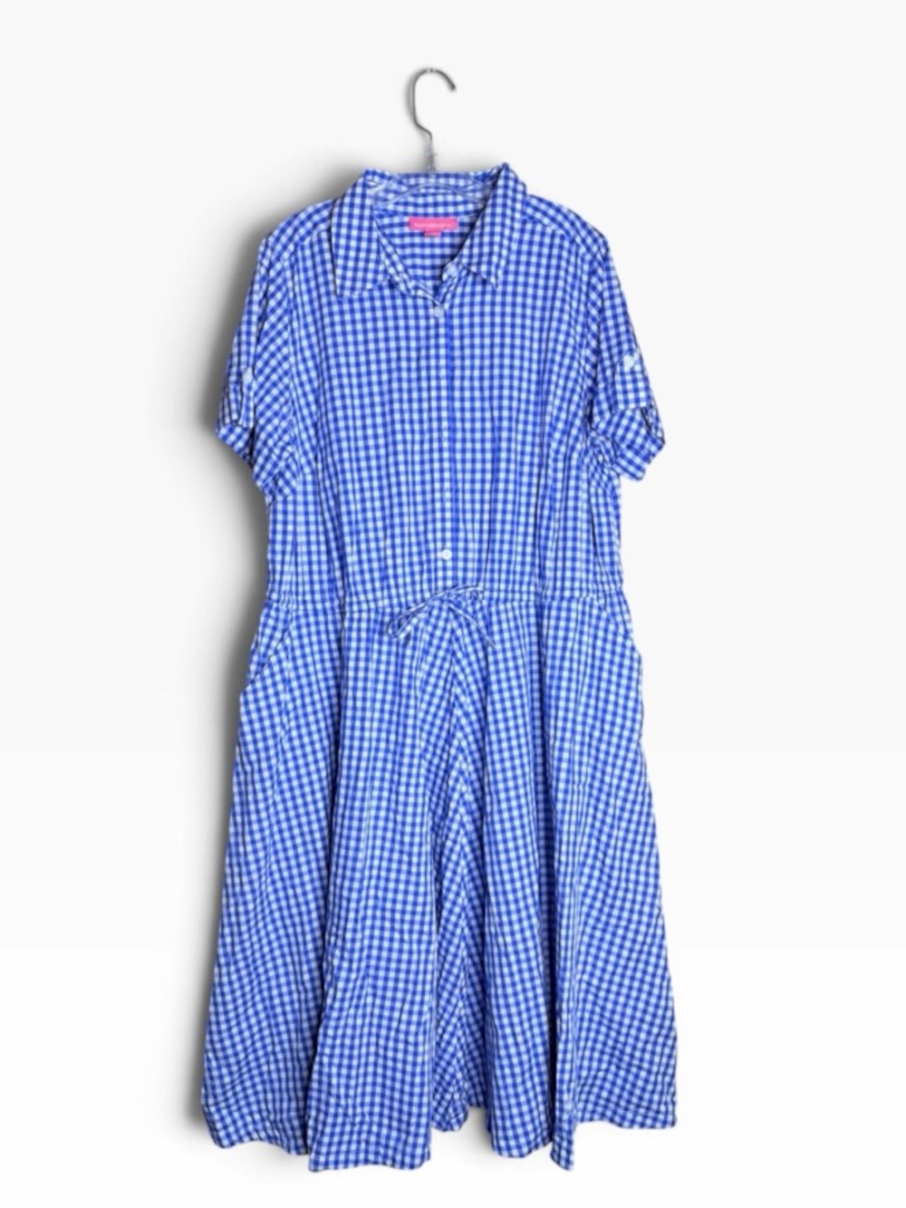 Woman Within 20W Blue White Gingham Midi Shirt Dress Drawstring Pockets